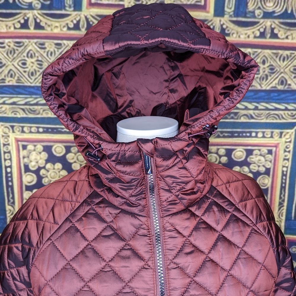 BCBGMaxAzria Quilted Zip Front Coat with Hood Size Medium Raisin Metallic - Picture 10 of 15